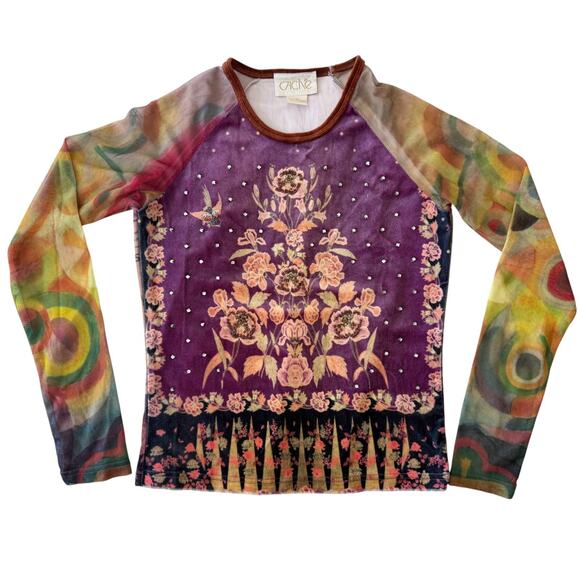 Cache Tops - Cache Y2K Vintage Velvet Graphic Top Beaded Rhinestone Mesh Cyber Whimsigoth S